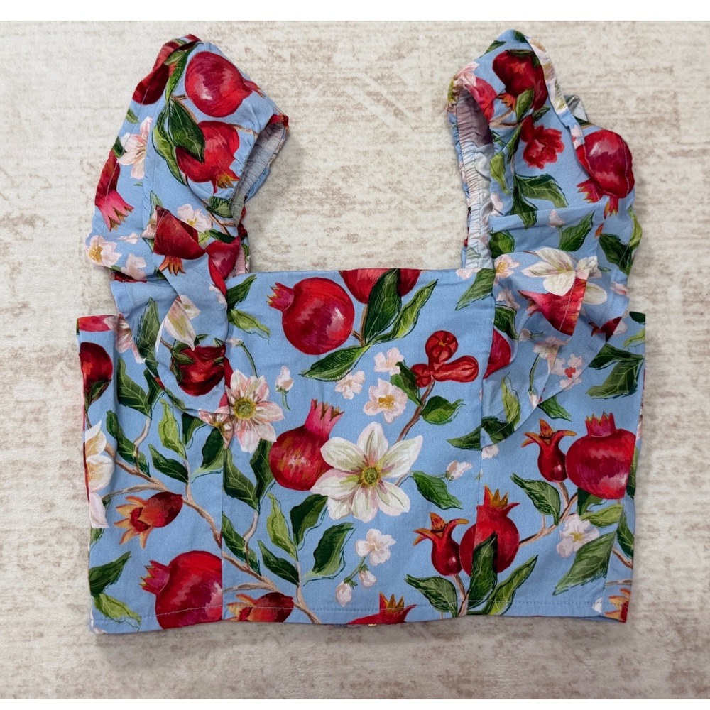 Cake FOR DINNER Pomegranate Floral Ruffle Crop Top Blue XXS Smocked Back Zipper